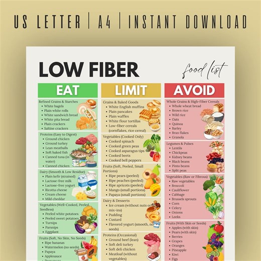 Low Fiber Food List, Low Fiber Diet Guide, Low Fiber Food Chart, Low Residue Foods Chart, Diverticulitis Food List, Digestive Health - Etsy