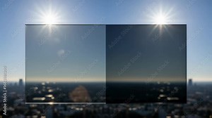 Sidebyside comparison of traditional glass and electrochromic smart glass under bright sunlight highlighting superior glare reduction capability.