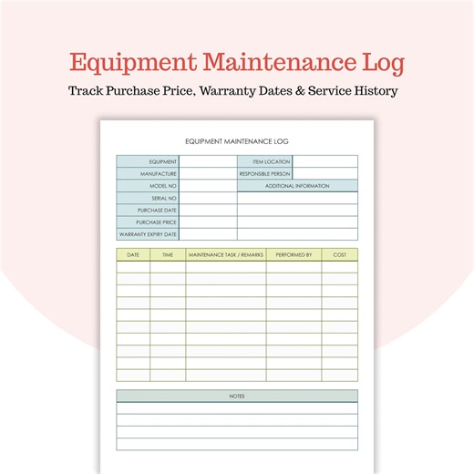 Equipment Maintenance Log - Warranty Expiry Tracker - Purchase Price - Google Docs and PDF - Etsy Canada