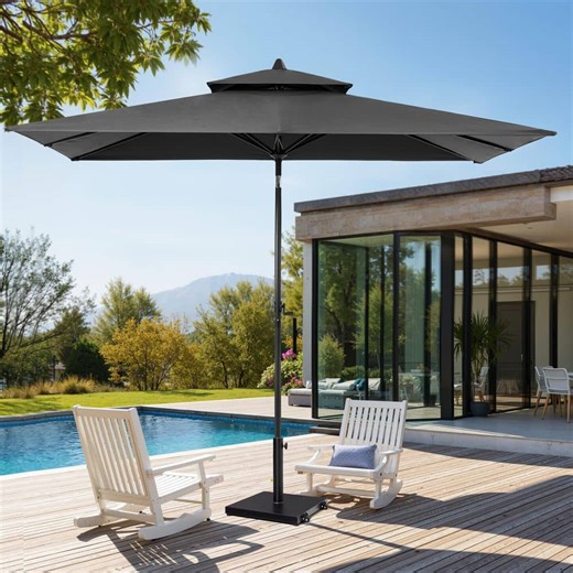 Check The Home Depot's Q&A Before Buying: Pellebant 9 ft. x 5 ft. Rectangular Double Top Market Tilt Patio Umbrella Table Umbrella in Black, 45 lbs. Cement Weighted Base