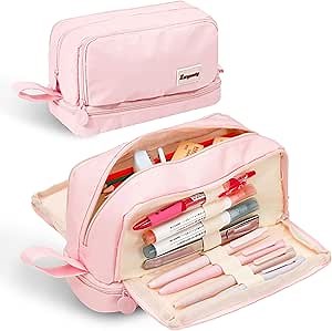 Zzrywuty Pink Large Capacity Pencil Case 4 Compartments,Pencil Pouch with Zipper Portable Handle for Teens Adults Aesthetic Pencil Bag Stationery Organizer Pen Pencil Case with Handle for School