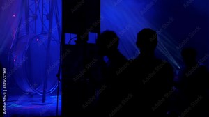 The silhouette of the audience in the circus before the start of the performance, professional lighting at the circus show. The silhouette of the performers and spectators in the circus in the dark.
