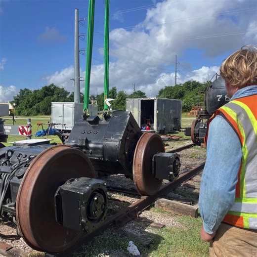 Austin Steam Train Association on Instagram: "🚧 Look behind the scenes of a major restoration project for a vintage locomotive!🚂 In June, the restoration team undertook the challenging task of reassembling the rear truck of ATCX 442. This process is highly technical and requires not only careful sequencing, but also the use of heavy equipment, including a large crane to maneuver multi-ton components into place. The first step was positioning the traction motors onto the rail using a crane, pre