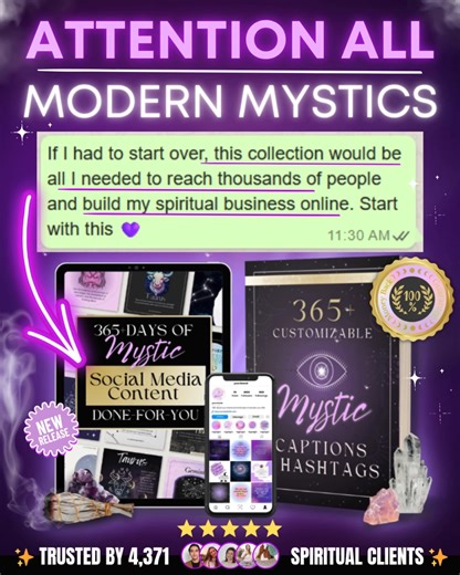 👉 Over 4,000 Modern Mystics have gone from content 'chaos' to aligned growth using this simple, done-for-you system... ✨ And behind every one of those numbers is a real person just like you. 🔮 So, let's talk about Amy… a fellow mystic who was doing everything right, but still felt invisible online.. She was spending hours trying to create content, feeling frustrated and just downright burnt out. 😣 Sound familiar…?! 🙋‍♀️ Then Amy discovered The Modern Mystic Ultimate Content Collection. 🤯 Wi