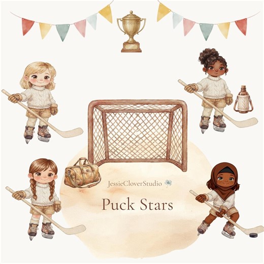 Watercolor Hockey Girl Clip Art PNG Bundle, Cute Sports Cartoon, Commercial Use - Etsy