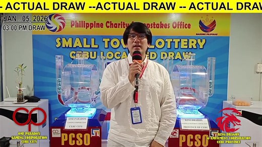January 05, 2026 / Monday 03:00 PM DRAW Pre-Draw / Actual Draw Small Town Lottery Cebu Localized Draw One Paradox Gaming Corporation Small Town Lottery One Paradox Gaming Corporation Small Town Lottery (Cebu City) King Dragon Gaming and Amusement Corporation (Province of Cebu) Philippine Charity Sweepstakes Office - Cebu Branch | PCSO Cebu STL Localized Draw - Cebu City and Cebu Province