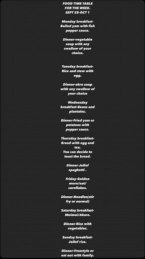 Weekly Food Timetable for Nigerian Family