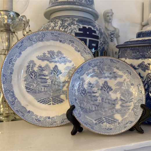 Blue White Chinoiserie Plate and Shallow Dish Set Vintage Transferware Gold Rim Decorative China - Etsy