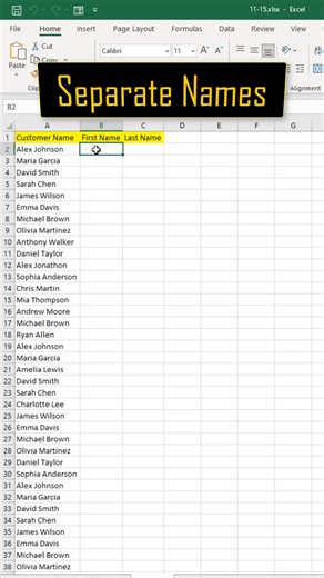 Miracle of Flash Fill - Separate Names with Keyboard Shortcuts Customer lists with full names in one column can slow down your analysis and make reports messy. Instead of building formulas with LEFT, RIGHT, or TEXT, use Excel’s hidden speed tool: Ctrl E. This Keyboard shortcut activates Flash Fill, which learns your pattern from one example and instantly completes the rest of the column. How it works? Full names in Column A (Alex Johnson, Maria Garcia). In Column B, type the first name once → pr