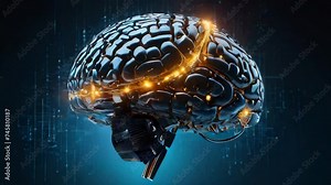 Digital human brain interfaced with a wireless chip Neuralink, representing the fusion of biotechnology and cybernetics. Futuristic Brain with Integrated Wireless Chip Technology Concept.
