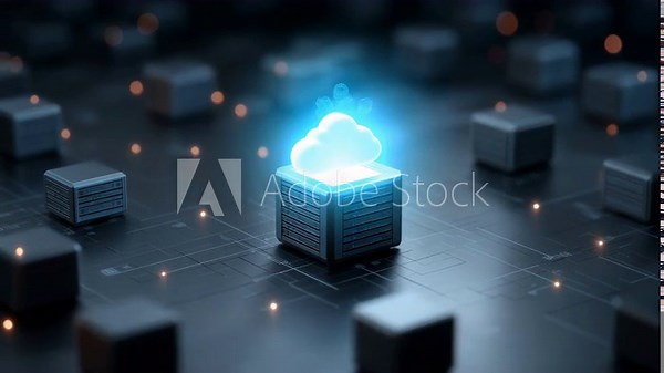 A graphic representation of a centralised data storage facility encircled by network nodes, signifying data management and cloud computing