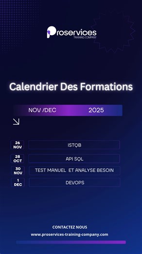 Les prochaines sessions chez ProServices ! 📅 26 Novembre – ISTQB Devenez testeur certifié et boostez votre carrière QA. 📅 28 Novembre – API SQL Maîtrisez les tests backend indispensables en entreprise. 📅 30 Novembre – Test Manuel Analyse des besoins CDC Les bases solides pour devenir un testeur complet. 📅 01 Décembre – DevOps Initiez-vous aux outils et pipelines qui transforment le monde IT. 🚀 Réservez votre place dès maintenant — les sessions sont limitées ! #Formation #ProServices #ISTQB 