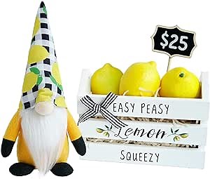 CRCZK Lemon Decor,Mini Wood Lemon Crate Kitchen Decor, Lemon Gnome Plush,Rustic Farmhouse Lemon Tiered Tray Mini Crate with Artificial Lemons Summer Lemon Decorations for Home, (TS23143)