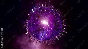 Fictional coronavirus variant transformation in cyberpunk style flying through metaverse as virtual alien planet ready for invasion in outer cyber space. Satirical parody of our modern reality