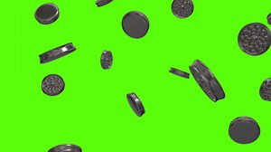 Weed grinders background. Falling weed metallic grinders over green screen or chroma key. Rain of weed grinders across the screen.