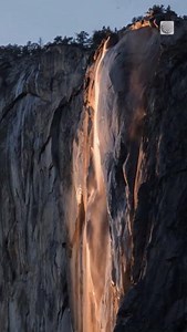 10K views · 84 reactions | Rare 'firefall' captures waterfall glowing like lava at sunset in Yosemite. The 'firefall' phenomenon, which can happen between mid to late February, occurs when the setting sun hits Yosemite's Horsetail Fall at the right angle to create the illusion of a lava-like stream. | The Weather Network | Facebook