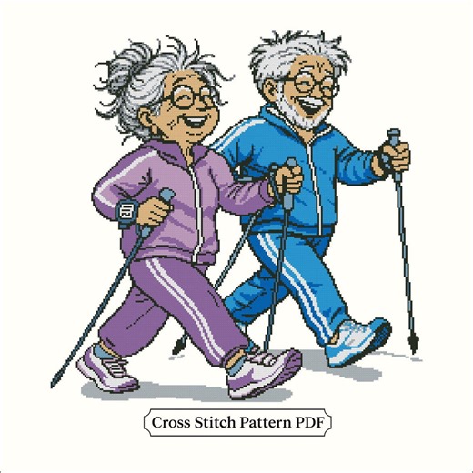 Funny Cross Stitch Pattern PDF | Nordic Walking Elderly Couple | Growing Old Together Embroidery Designs - Etsy