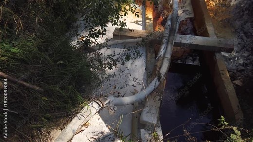 Acid mine drainage from copper mine and lime neutralizing reaction. Flowing toxic waters