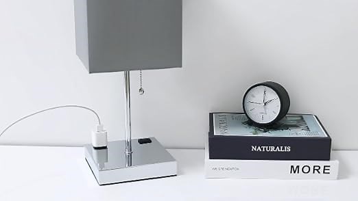 Grey Table Lamp with Dual Charging Outlets
