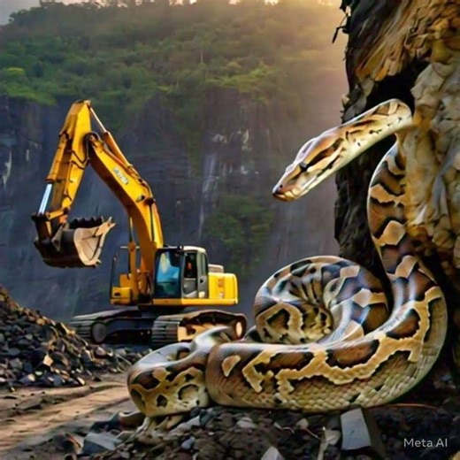shows a large reticulated python emerging from a cave or tunnel in a rocky cliff face