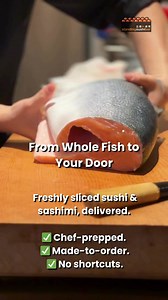30K views · 11 reactions | Watch your cravings get filleted. ‍ This is how real sushi gets done — whole salmon, sliced fresh by hand, turned into sashimi that’s delivered to your door. No mass prep. No mystery fish. Just premium quality you can taste. ✨ Perfect for team lunches, house parties, or your next solo indulgence.  Sushi & sashimi platters now available for delivery. ️ Order online. Eat better. | Standing Sushi Bar | Facebook