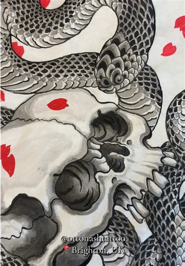 Sumi ink on Chinese Xuan paper. This paper can be a really pain to paint on but you get a softness in the grey and black you can’t achieve on watercolour paper. This is another painting I did a while ago that I’ve yet to make into a tattoo. Perfect for an upper arm or thigh. Message me to get it done! #brightontattooartists #japanesetattoo #snaketattoo #cherryblossoms #momentomori