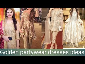 Luxury partywear golden color dress ideas. Fancy formal golden color dresses.