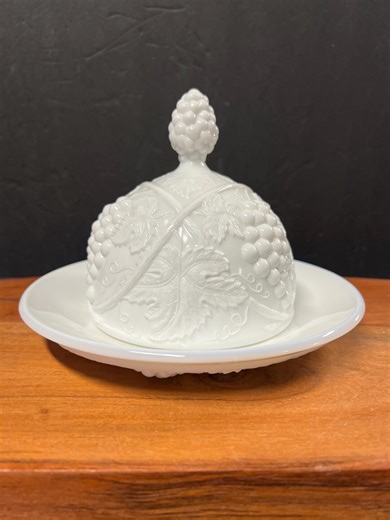 Duncan Miller Tiffin Palm Beach Milk Glass Domed Lid Butter or Cheese Dish, Embossed Grapevine Pattern - Etsy