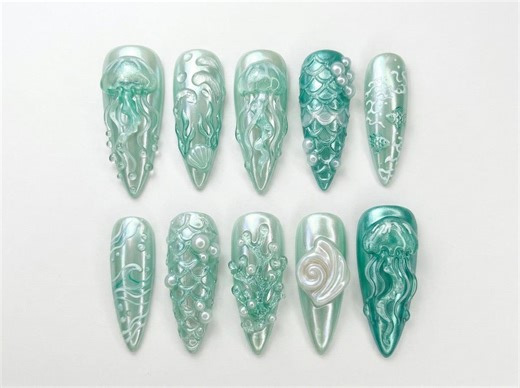 Mermaid Dream Press on Nails With 3D Ocean Art – Dreamy Summer Beach Nails, Handmade Fantasy Mermaid False Nail Set - Etsy