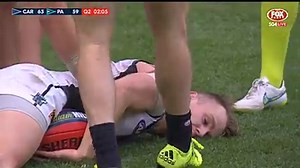 Ouch - Robbie Gray's been stretchered from the field after this heavy tackle from Bryce Gibbs. | AFL