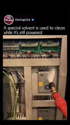 Movie | Meme | Fun | Science | Physics on Instagram: "Live cleaning electronics looks reckless at first glance, liquid sprayed directly onto exposed chips, wiring, and delicate circuitry. But this method is actually a real maintenance technique used to clean energized hardware without shutting systems down. The solvent is non-conductive, meaning electricity can’t travel through it, so technicians can flush dust, flux, oils, and residue off boards while the system continues running. It restores t