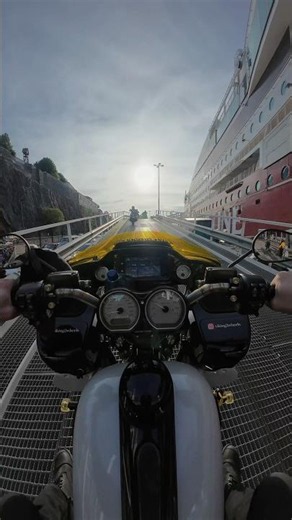 Boarding the ‪@VikingLineSuomi‬ Glory cruise ship on a Harley Davidson