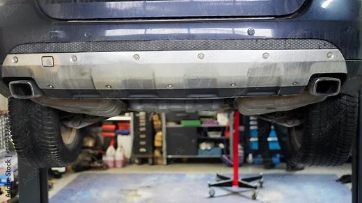 Undercarriage Inspection With Tools And Equipment In Garage, Technician Assesses Muffler And Suspension Beneath Vehicle On Hydraulic Lift With Tools And Storage Surroundings