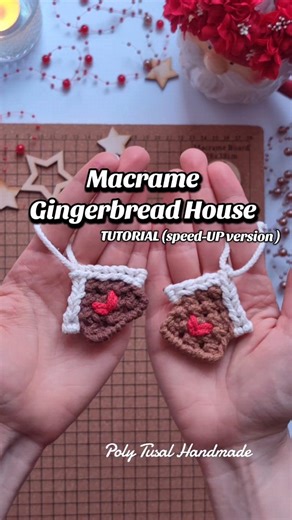 Poly Tusal Handmade | Macrame Pattern Designer on Instagram: "Free TUTORIAL - Christmas Macrame Gingerbread House - speed-UP version 🌟 ✨List of materials: - 3mm braided cotton cord: 1. Brown - 7 x 50 cm / 1.64 ft 2. Ecru - 2 x 40 cm /1.3 ft 3. Red - 1 x 40 cm / 1.3 ft - scissors, - crochet hook, - pins + pad (helpful), - hot glue (optional). ✨Basic Knots used: Reverse Lark's Head, Square Knot, Horizontal Braid, simple knot. Have fun and let me know how do you like it 🥰 FOLLOW ✨ COMMENT ❤️ SHAR