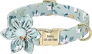 Beirui Custom Flower Girl Dog Collar for Female Dogs- Floral Pattern Engraved Pet Collars with Personalized Gold Buckle(Cotton, XS)