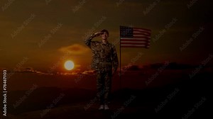 Full Body Of Asian Man Soldier Saluting And Smiling While Standing With Flag Of The United States, Sunset Time