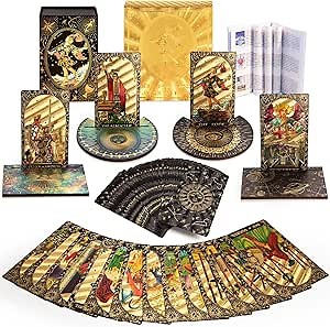 Tarot Cards with Guide Book, 80PCS Gold Tarot Cards Set with 4Pcs Wooden Tarot Card Holder, Waterproof Tarot Deck/Fortune Telling Game Craft Cardboard for Beginners