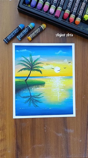 Easy Sunset Lake Scenery | Oil Pastel Drawing #shorts