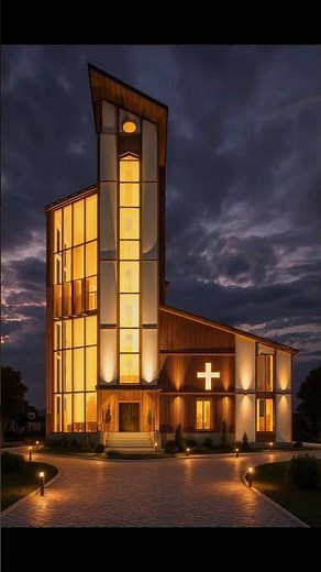 A breathtaking modern wooden-and-glass church design captured in different lighting.