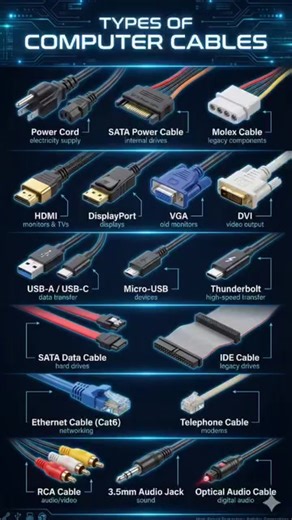 Types of Computer Cables You Should Know From powering your PC to connecting displays, audio, and the internet — computer cables play a vital role in everyday tech use. Common cables explained- • HDMI & DisplayPort – | Ma Computer & Photocopy