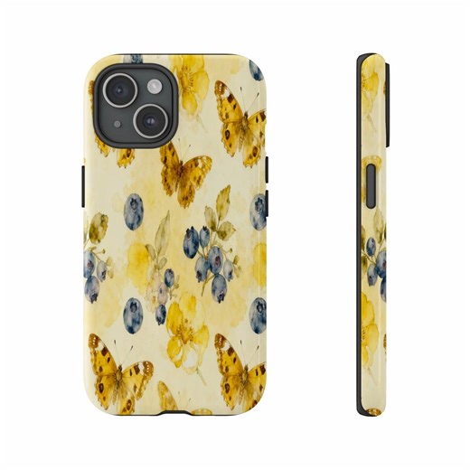 Butterfly and Blueberry Phone Cases, Floral Art Phone Cases, Yellow Flower Phone Cases, Watercolor Insect Phone Cases, Aesthetic Phone - Etsy