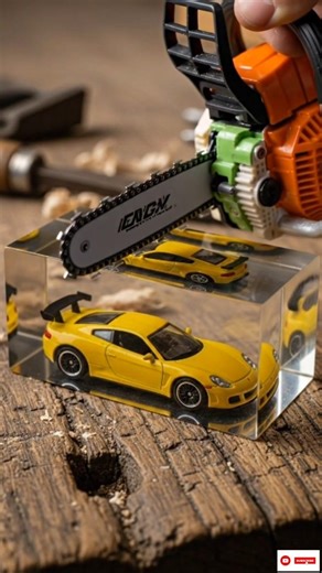 Mini Chainsaw Cutting Transparent Box with Tiny Car Satisfying Clear cut#viral#shorts#minichainsaw