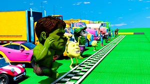 Carrera de carros gigantes con Spider man, Sonic, Shrek, Hulk y Superman en pista de hielo GTA V | Edher Vela