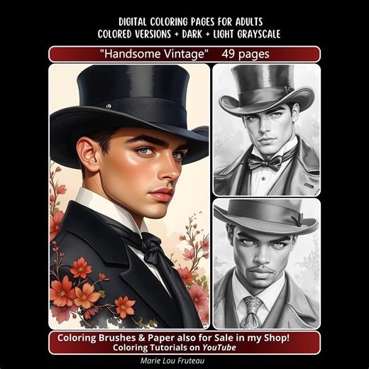 49 Coloring Pages for Adults, Men Coloring Pages, Handsome Portraits, Vintage Faces, Coloring Pages with Men, "Handsome Vintage"