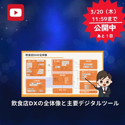 https://zurl.co/erCL1 飲食店のDX化・IT化について解説した動画の前編の公開が、 明日3/20 AM11:59までです。気になる方は、今日ご覧ください。 ちなみに、この動画では 大阪王将さんと餃子の王将さんのDX戦略の違い を解説したあと、 飲食店DXの全体像を１枚の図で説明 しています。 自分のお店をこれからDX化して人手不足対策したいという方は必見です！ ★３週間限定公開★【前編】大阪王将と餃子の王将のデジタル化戦略の違い！飲食店のDXの全体像と主要デジタルツールの解説 〜前編〜（3/20 AM11:59まで） ⇒ https://zurl.co/erCL1 笠岡のYoutubeチャンネル登録もよろしくお願いします！ #飲食店 #餃子の王将 #大阪王将 #DX #飲食店開業