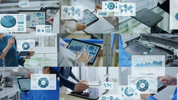 People using tablets and digital documents concept. Digital transformation. Enterprise Resources Planning. Transition material from a white background