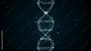 Rotation of digital DNA on abstract background with floating particles collecting genetic data.