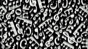 Pretty black and white musical notes floating in the black background - Slow motion Stock Video