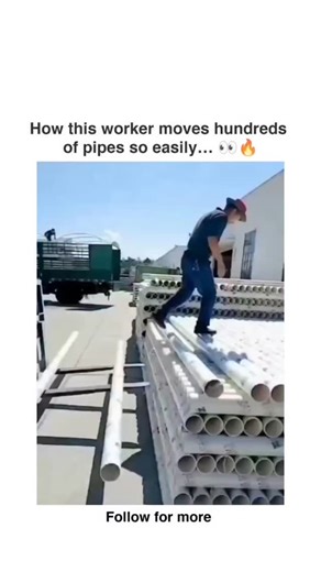 explains📚 on Instagram: "The post features a 14-second clip showing how a single worker effortlessly moves hundreds of heavy pipes using pure physics instead of strength. The pipes rest on low-friction roller beds, reducing resistance so dramatically that even a small push generates large movement. The worker’s controlled force spreads evenly through the entire stack, making a massive load glide as if weightless. Originally posted in November 2025, the reel quickly crossed 1.7 million views and