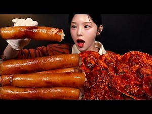 Giant Beef Intestine with Spicy Buldak Enoki Mushrooms & Scallop Seafood Mukbang ASMR
